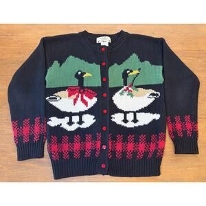 Vintage Orvis Duck Hunting Sweater Cardigan Small Ramie Cotton Novelty Knit